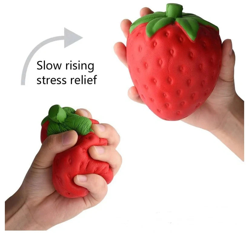 A squishy, strawberry-shaped stress relief ball made of durable polyurethane material