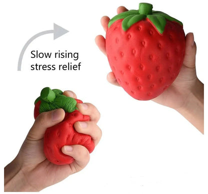 A squishy, strawberry-shaped stress relief ball made of durable polyurethane material