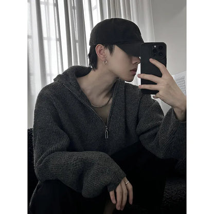 Loose baggy knitted sweater coat, long sleeve, polyester fiber, shown in dark gray black khaki, sizes M to 3XL
