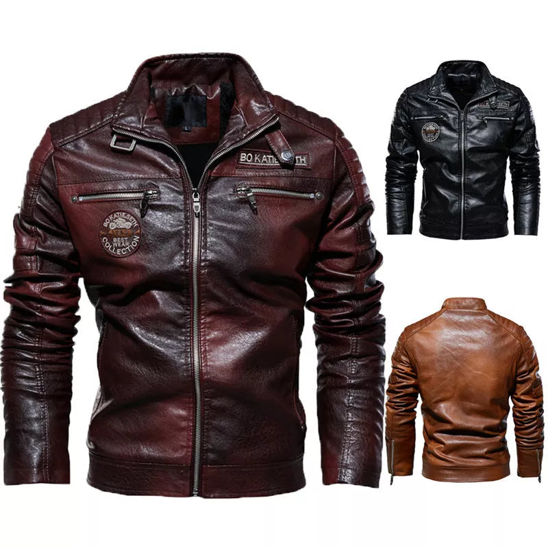 Men's black PU leather jacket with cotton lining, adjustable for diverse fits