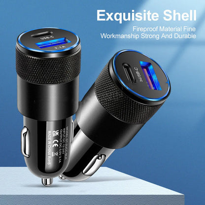 Aluminium alloy mobile phone car charger with USB socket measuring 2.5 by 6cm