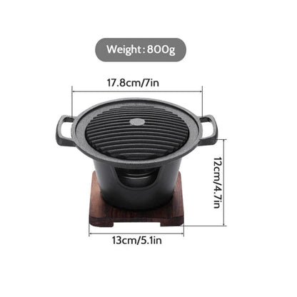 Compact tabletop barbecue grill with dual alcohol burners, made of durable aluminum with a nonstick cooking surface