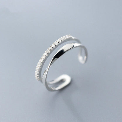 Adjustable twisted double-row silver ring with unique Korean-inspired design