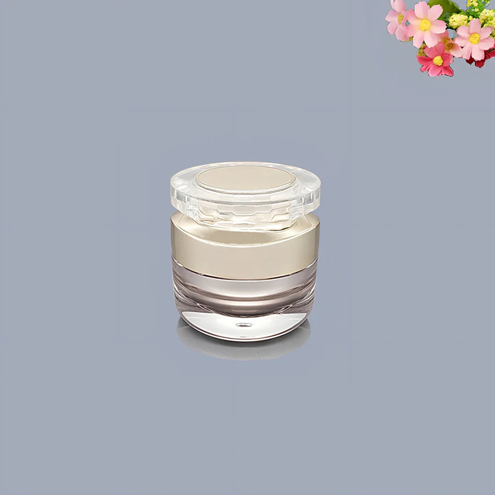 Acrylic cosmetics bottles in champagne gold and brushed white with vacuum sealing, various sizes from 5g to 120ml