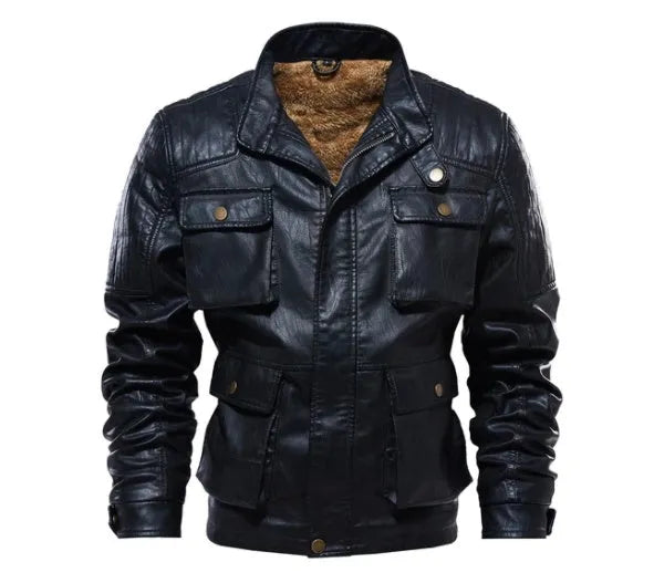 Men's PU leather jacket with velvet lining, available in khaki, black, and brown, sizes L to 5XL