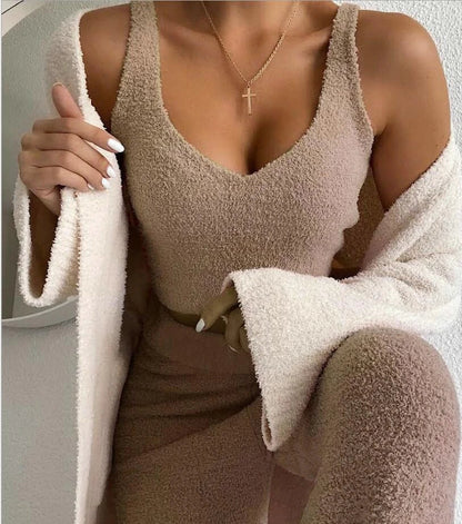 Cozy 3-Piece Women's Pajama Set with Long Sleeve Crop Top and Drawstring Shorts in various colors