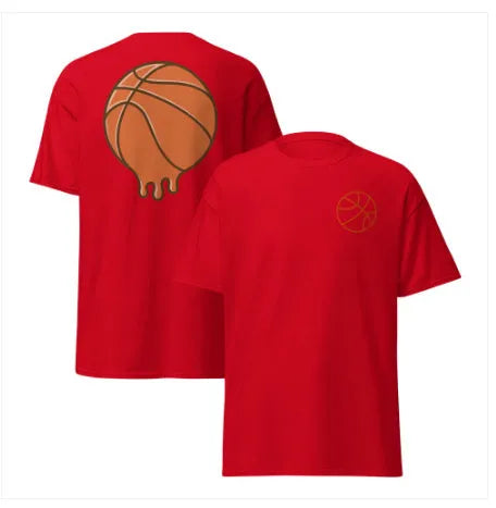 Men's maroon short-sleeved T-shirt with a ball pattern, made from thin polyester mesh fabric.