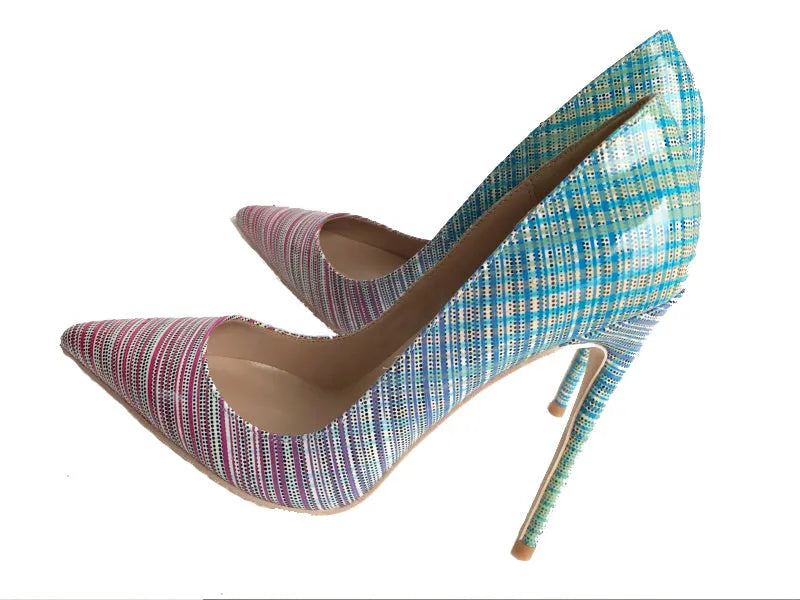 Ladies' colourful gradient patent leather heels with pointed toe and sheepskin insole, available in 8cm, 10cm, and 12cm heel heights.