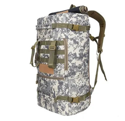 50L military tactical backpack in Camo Sand, Digital Camo, Khaki, Military Green, White Camouflage, and Black, 30 x 56 x 19cm