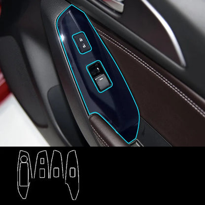 TPU protective film set for car door control panels in transparent, carbon fibre black, and matte black finishes