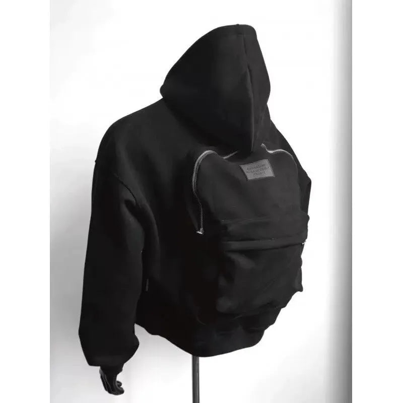 Light grey men's backpack design hooded coat jacket on a hanger.