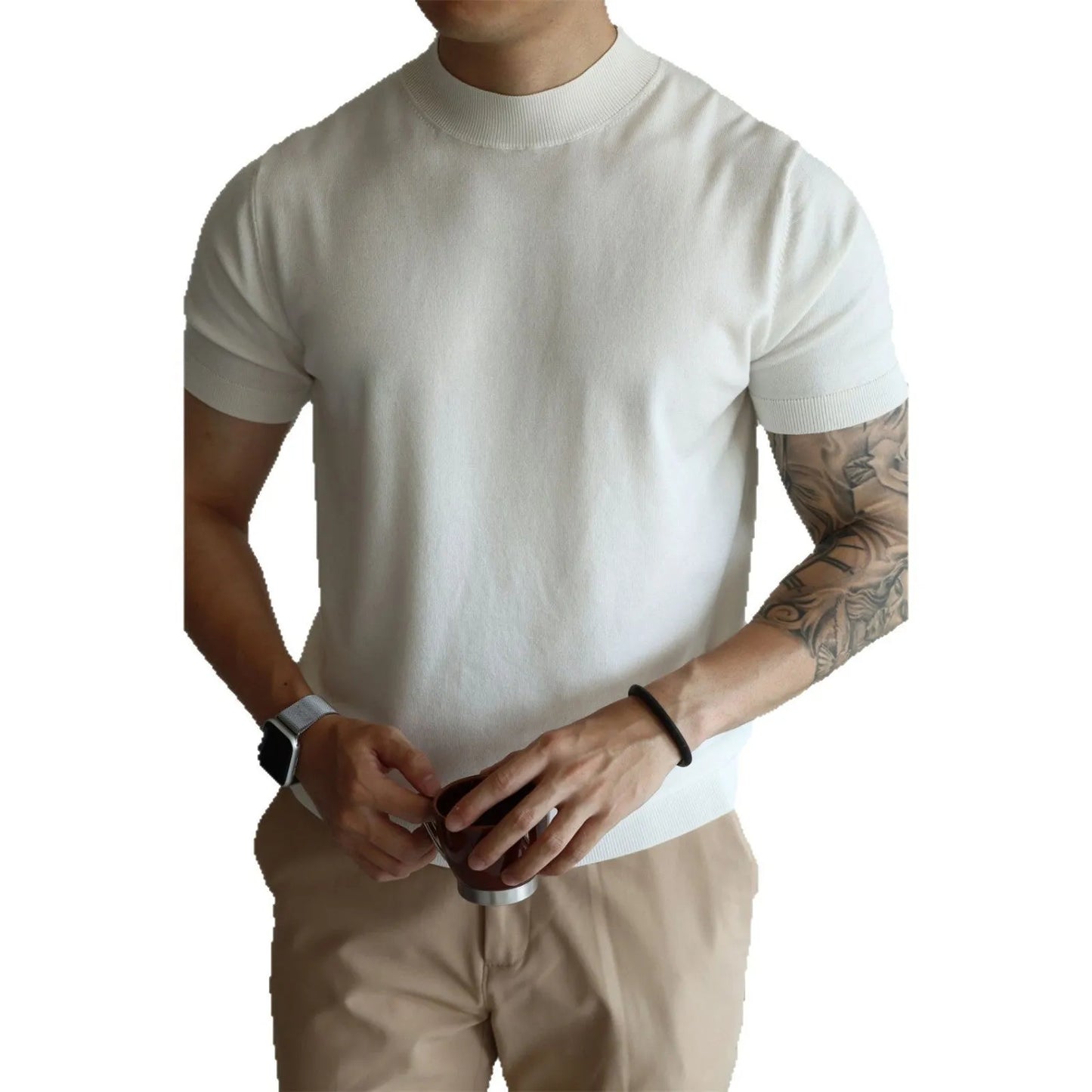 Men's slim-fit solid colour t-shirt in breathable polyester knitwear, shown in multiple colour options.
