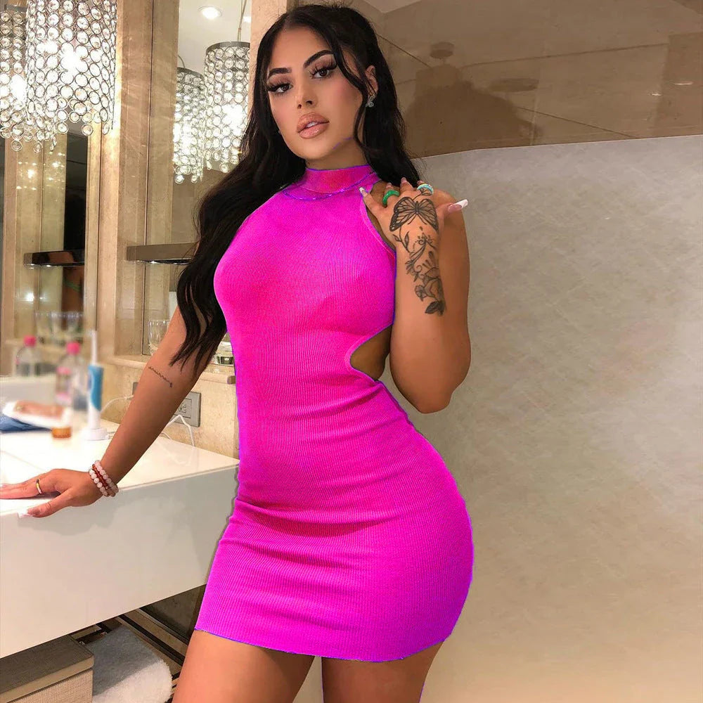 Chic women's high-neck dress with dramatic back cutout and form-fitting silhouette