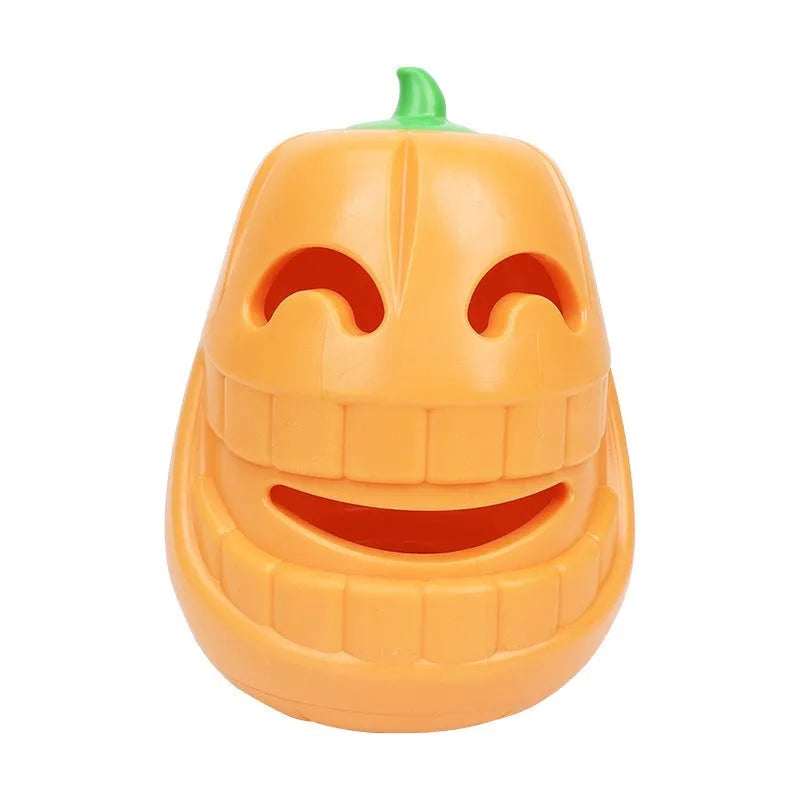 Halloween pumpkin-shaped dog chew toy with treat-dispensing funnel, made from orange thermoplastic rubber