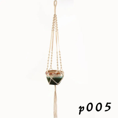 Woven wire lattice plant holder with natural cotton rope, shown in a rustic style supporting a green plant.