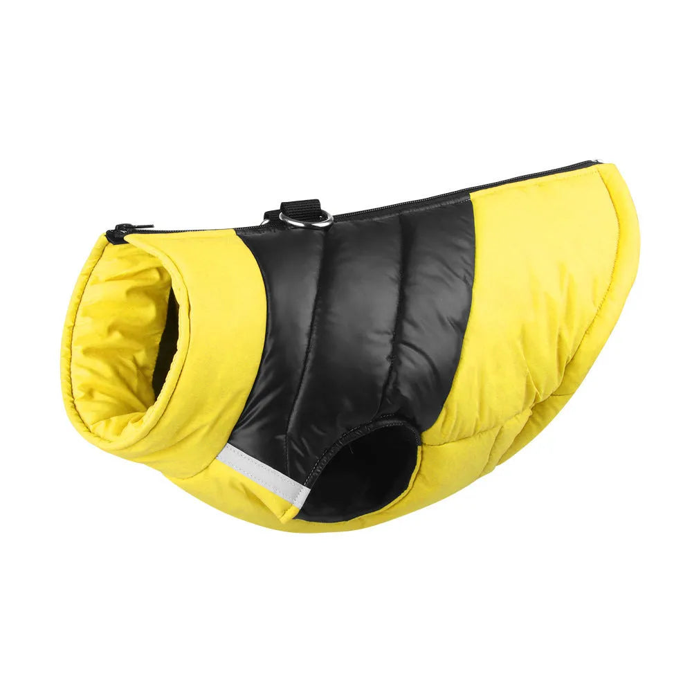 Waterproof padded dog winter jacket with zipper, shown in red on a medium-sized dog.