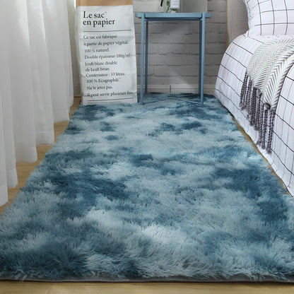 Tie-dyed variegated silk wool carpet floor mat showing organic colour patterns with polyester fibre suede backing