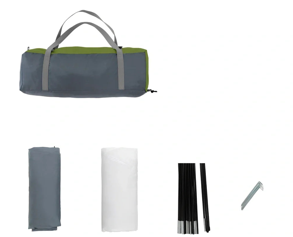 Orange two-person hiking tent with fiberglass poles showing 213cm length and waterproof construction