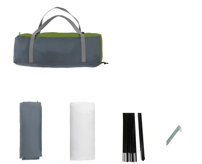 Orange two-person hiking tent with fiberglass poles showing 213cm length and waterproof construction