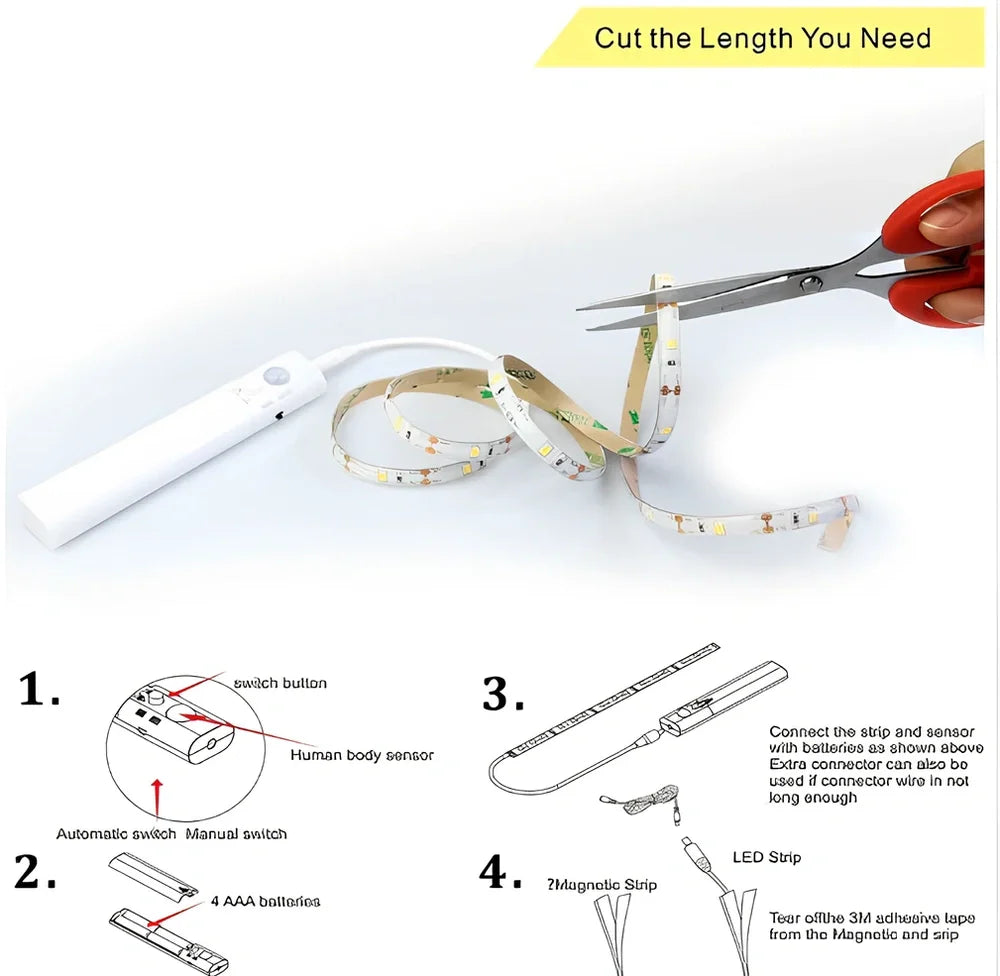 LED human induction bed lamp strip with remote control, 8mm width, showing yellow cut marks for custom length adjustment