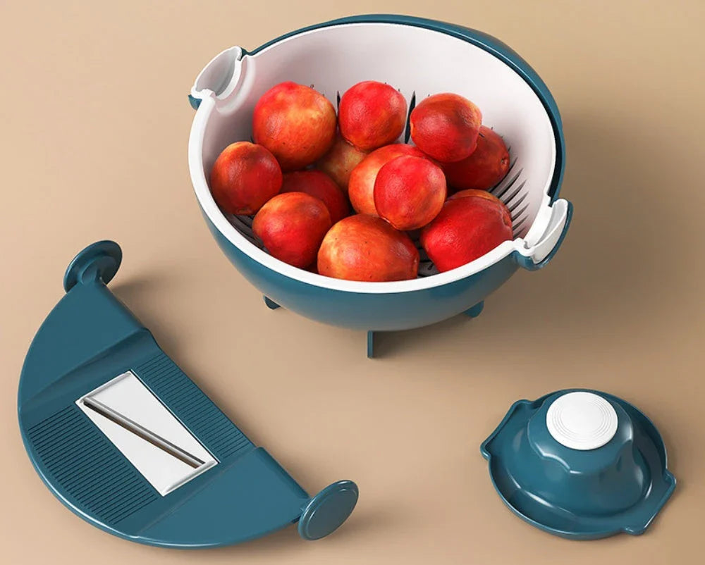 Versatile vegetable preparation station with interchangeable blades and built-in drainage basket for efficient meal prep