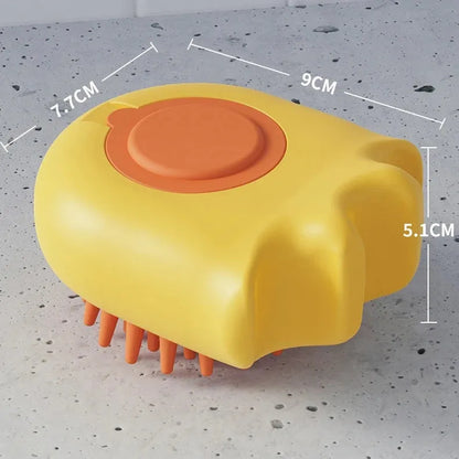 Pet bath brush with built-in shampoo box showing four brush types for dog and cat grooming