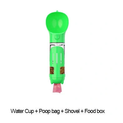 Aquamarine portable dog water bottle with attached poop bag dispenser and treat holder compartment
