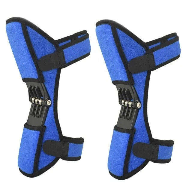 Adjustable spring knee brace for sports support in black, shown with straps.