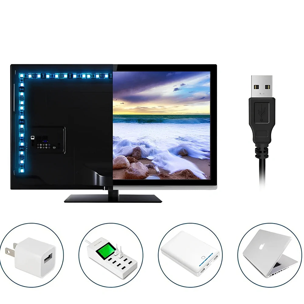 USB-powered LED light strip with 60 beads per metre showing RGB colours and dimming controller