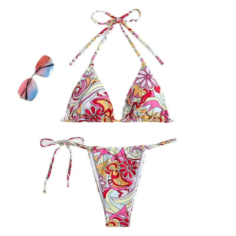 Women's triangle printed bikini swimsuit with hanging neck and separate top and bottom pieces