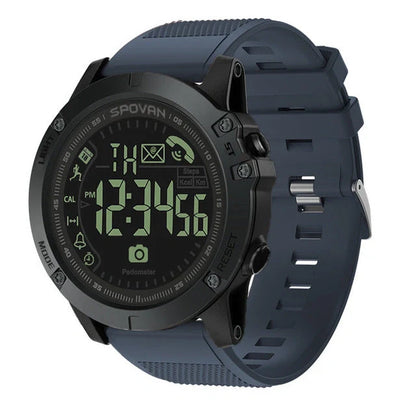 Waterproof round electronic fitness watch with step counter in blue, black, and red