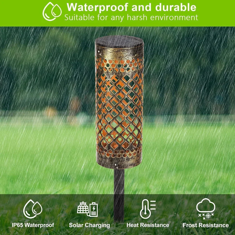 Metal solar-powered lawn lamps with geometric abstract art design, featuring IP65 waterproof rating for all-weather courtyard use and warm white illumination from integrated solar panels