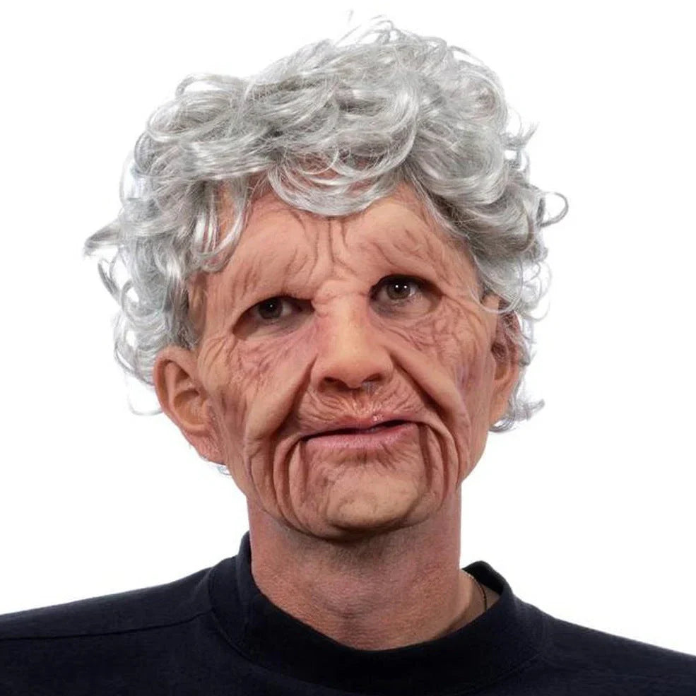 Latex old man Halloween mask with white hair and beard showing realistic facial wrinkles