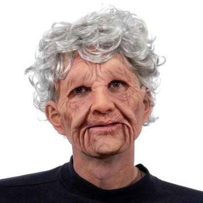 Latex old man Halloween mask with white hair and beard showing realistic facial wrinkles