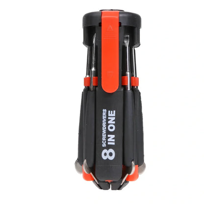 8-in-1 multifunctional screwdriver set with LED light showing seven different bit sizes