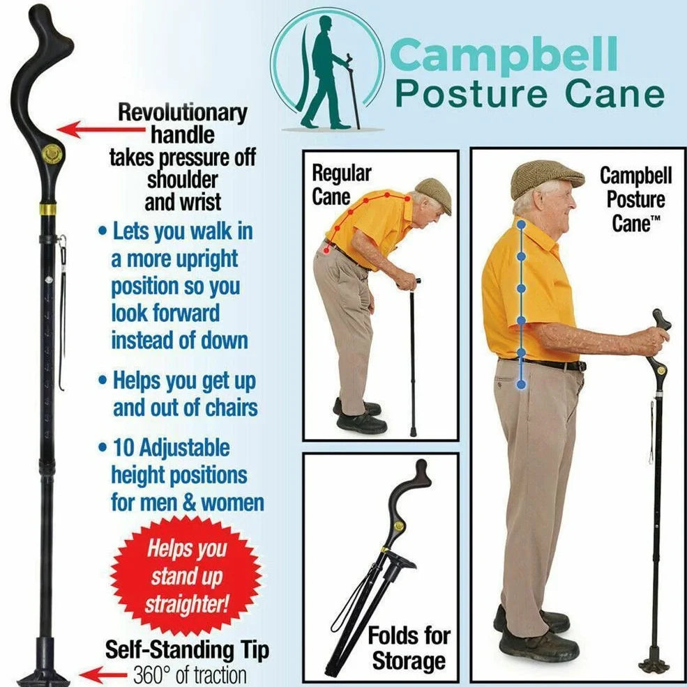 Telescopic folding walking stick with ergonomic handle extended to full height showing 6-tip base design