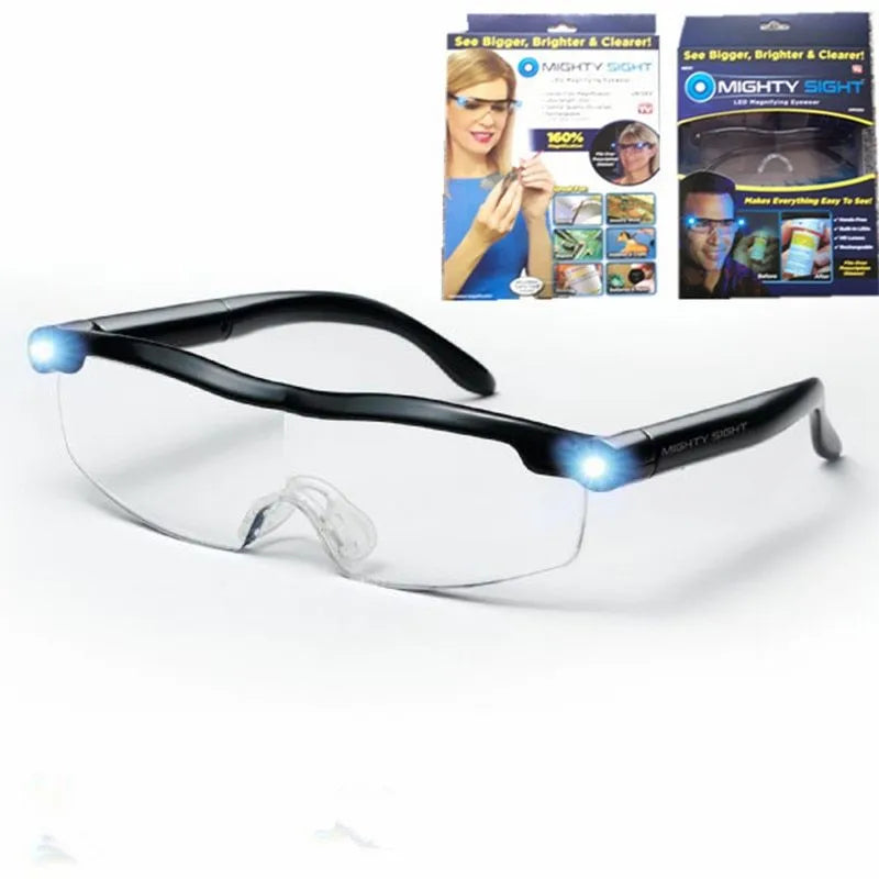 Transparent black USB LED reading glasses with integrated light on frame.