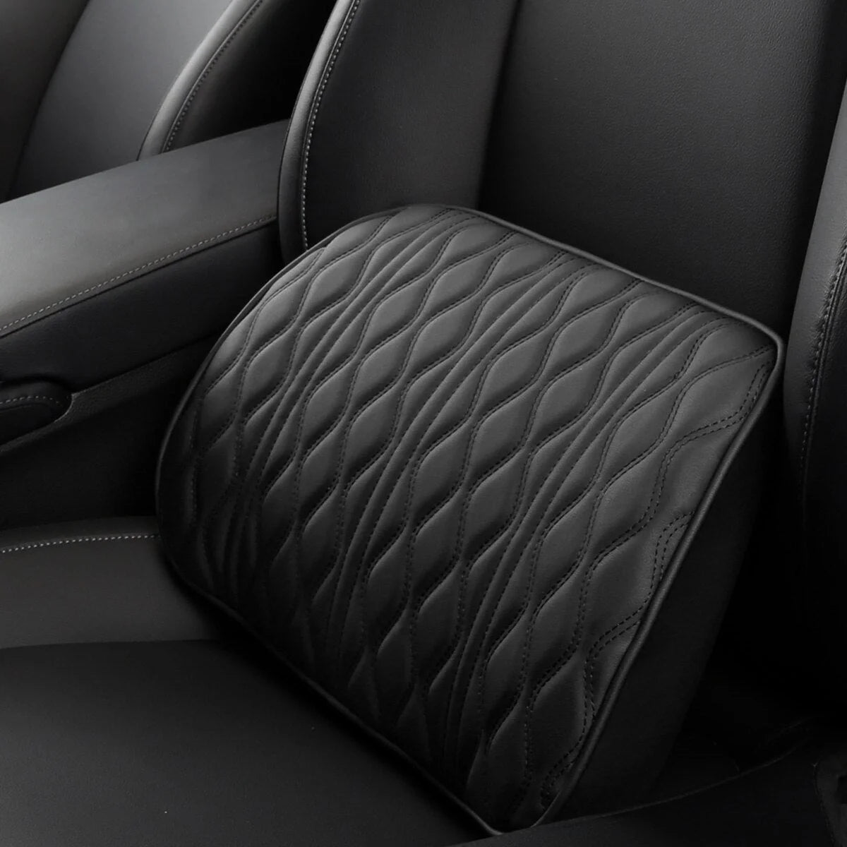 Ergonomic memory foam car headrest and lumbar support set with breathable knitted fabric and adjustable straps for personalized comfort and support