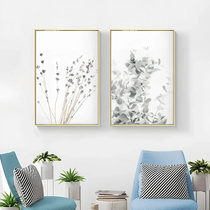 Frameless canvas painting with detailed flower, grass and leaf botanical patterns in Nordic style