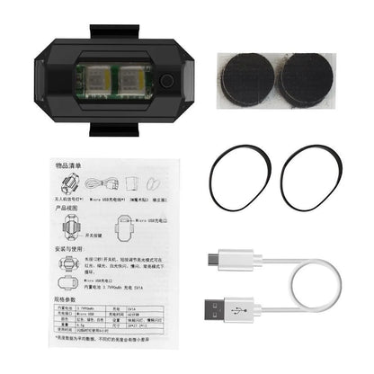 Drone strobe light with multi-colour LEDs, USB Type-C cable, and mounting tape on a ring.