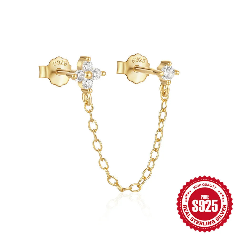 S925 sterling silver geometric ear clip stud earrings with flower and tassel elements in golden colour