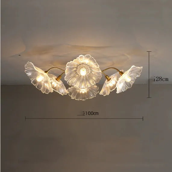 Creative flower lamp with five purple heads and adjustable tricolour, warm, or white light settings for ceiling mounting