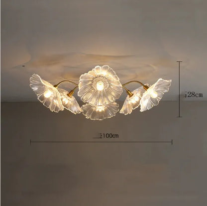 Creative flower lamp with five purple heads and adjustable tricolour, warm, or white light settings for ceiling mounting