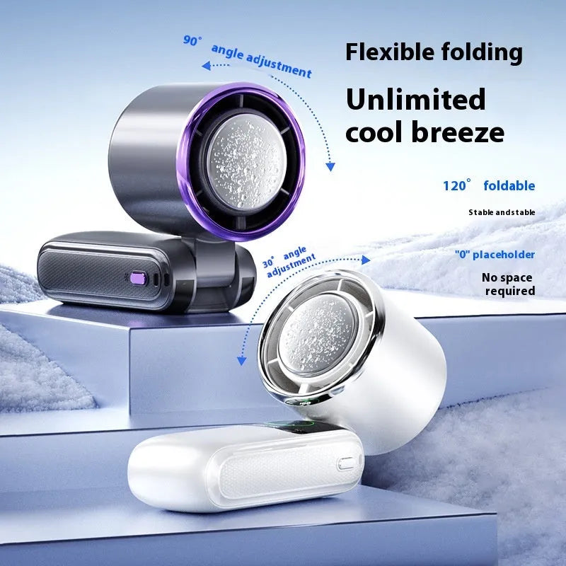 Blue USB rechargeable handheld folding fan with a neck strap and speed control buttons