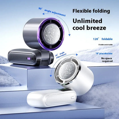 Blue USB rechargeable handheld folding fan with a neck strap and speed control buttons