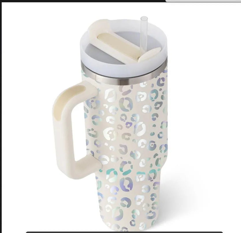 40 oz stainless steel insulated tumbler with handle and straw in tapered mug design