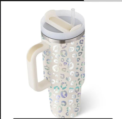40 oz stainless steel insulated tumbler with handle and straw in tapered mug design