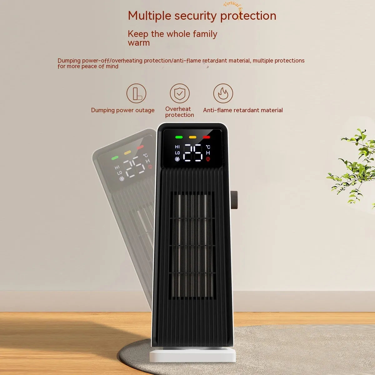 White small electric air conditioner heater with PTC heating, 1500W, oscillating air supply, touch control and timer.