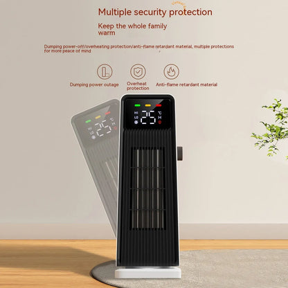 White small electric air conditioner heater with PTC heating, 1500W, oscillating air supply, touch control and timer.