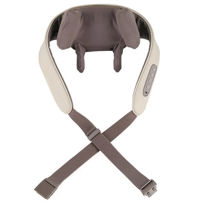 Creamy white rechargeable shoulder and neck massager with kneading rollers.